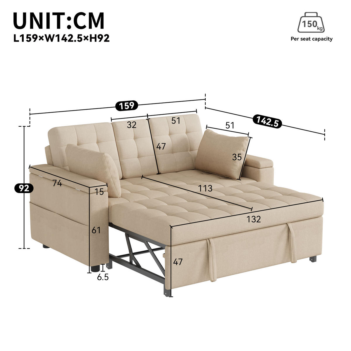SCHLAFSOFA 159/74/92 cm Beige mit Stauraum, Verstellbarer Rückenlehne, Armlehnen-Staufächern und Kissen - Beige, Textil (159/92/142.5cm) - Oxeza