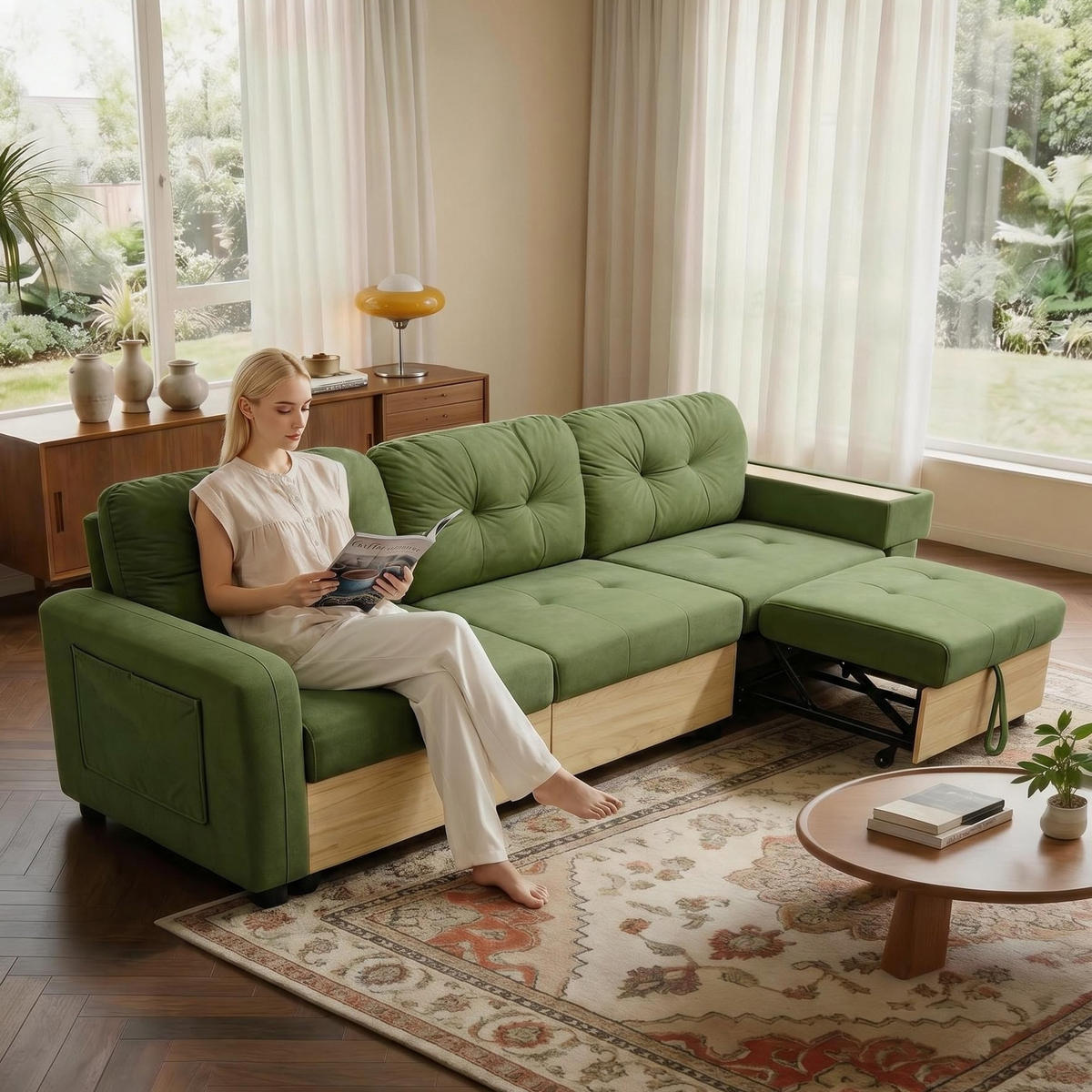 ECKSOFA 228/80/78 cm aus Samt mit ausziehbarer Ottomane und USB-Anschluss Grün - Grün, Textil (80/228cm) - Modenvie