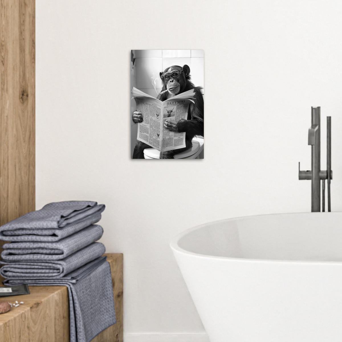 LEINWANDBILD Affe - WC - Zeitung - Schwarz-Weiß - Humor 20x30 cm - Hellgrau, Textil (20/30cm) - MuchoWow