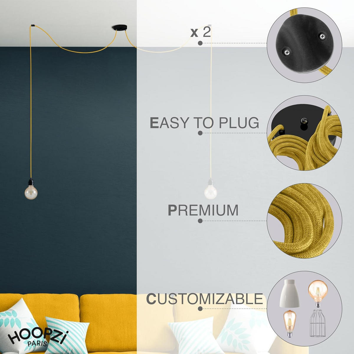 PENDELLEUCHTE Hang 2 Flammig Retro Mustard - Gelb, Naturmaterialien (250/1/250cm) - HOOPZI