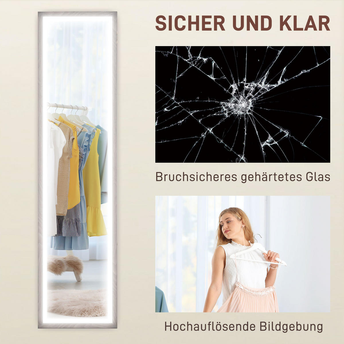 GANZKÖRPERSPIEGEL 40 x 160 cm Standspiegel mit LED-Lichte, 3 Lichtfarben, Grau - Grau, Glas (5/160/40cm) - HOMCOM