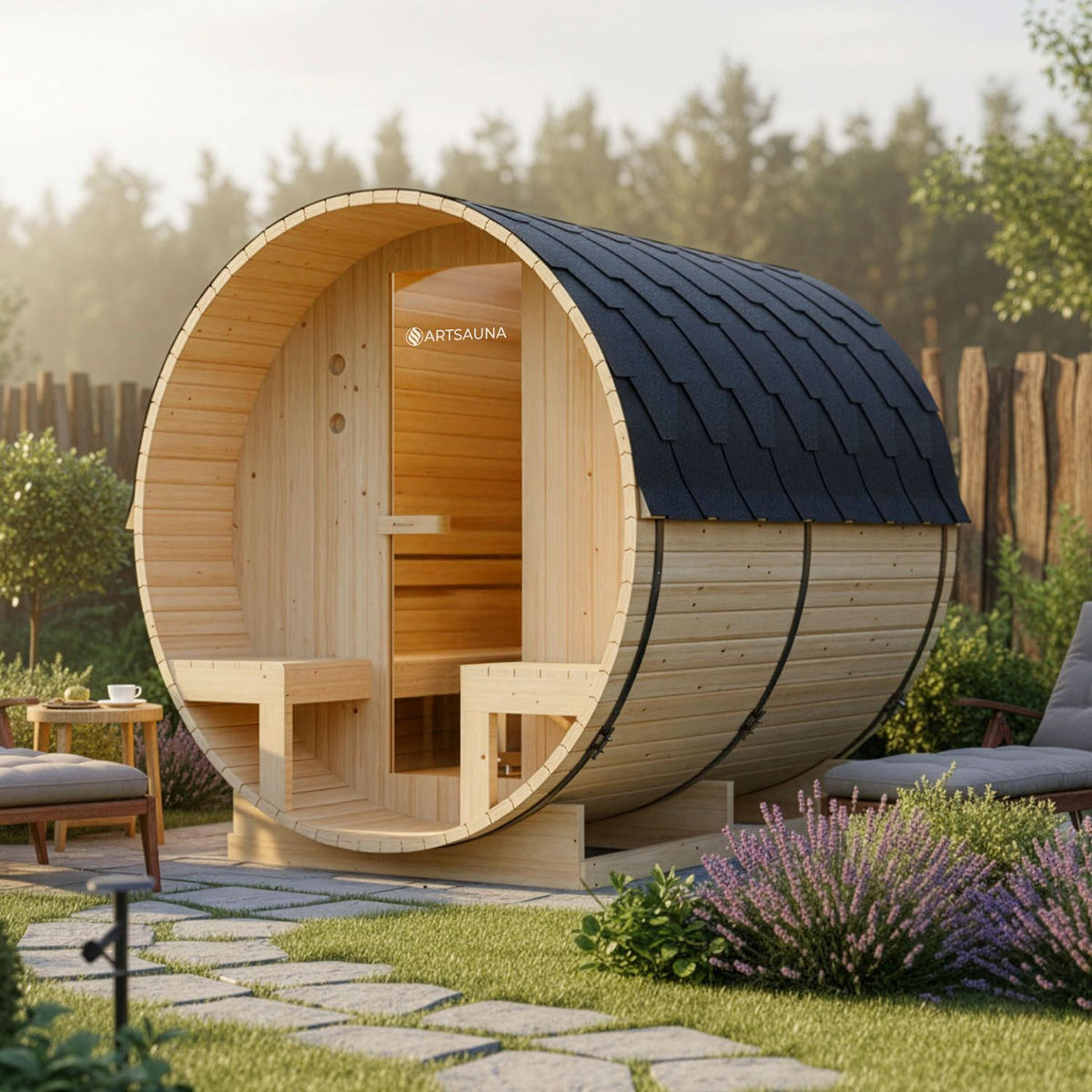 FASSSAUNA Spitzbergen 220 cm mit zwei Bänken (6 Personen) - Naturfarben, Holz (185/190/220cm) - Artsauna