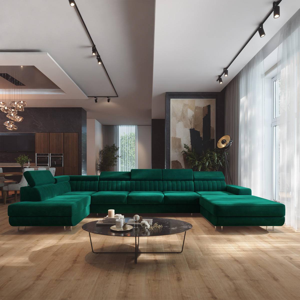 WOHNLANDSCHAFT GAIAN Grün Velours-Stoff mit Schlaffunktion - Grün, Holz (412/88/190cm) - MASSENO