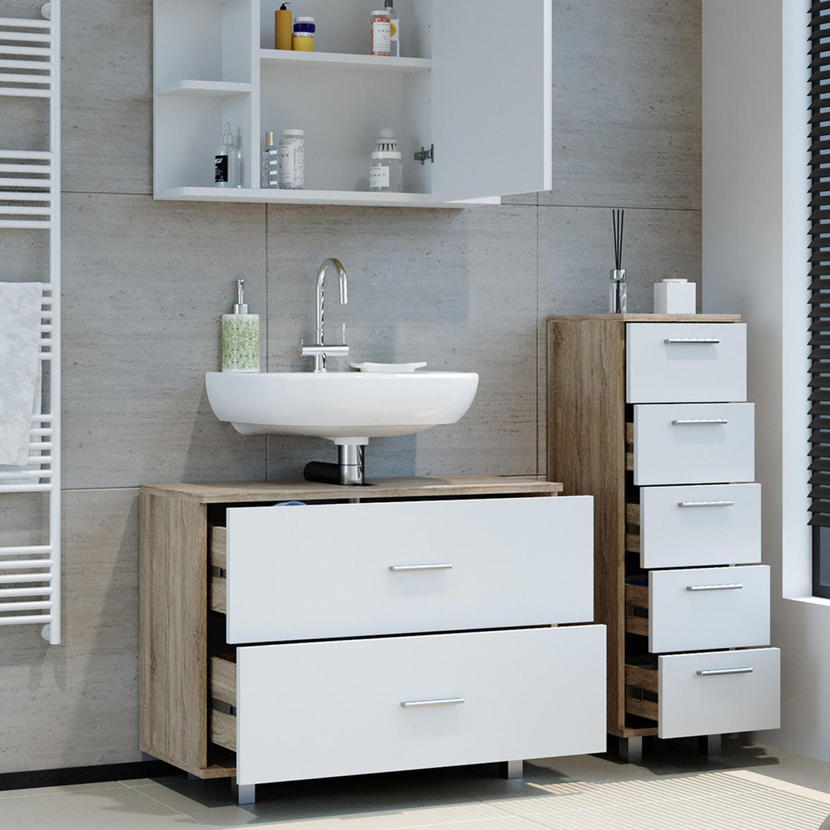 BADMÖBEL-SET Ilias Weiß/Sonoma 3 Teile, mit Unterschrank 80 cm - Weiß/Sonoma Eiche, Holzwerkstoff (80/60/33cm) - Vicco