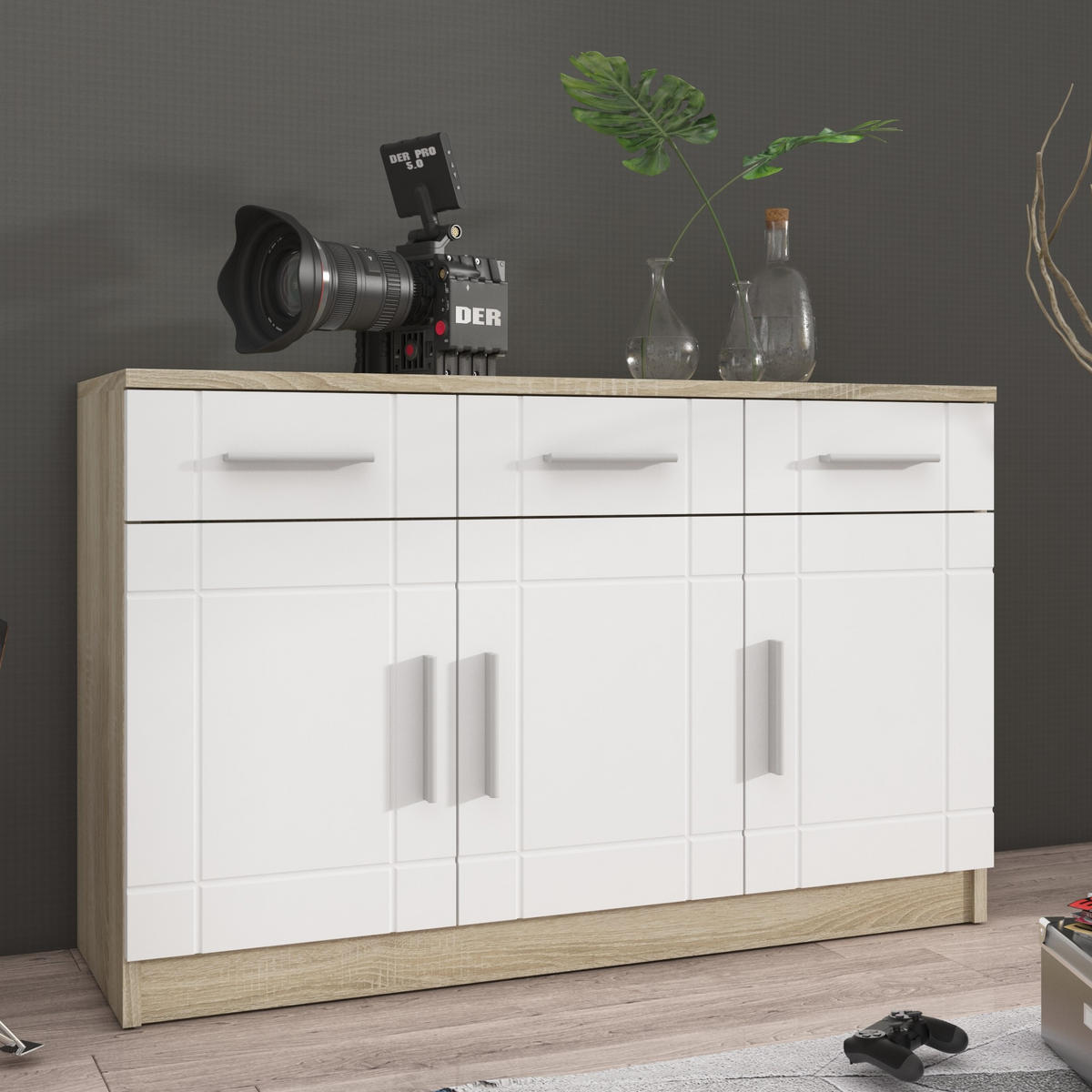 KOMMODE PERUGIA 103/70/37 cm mit 3 Schubladen 3 Türen Sonoma Eiche - Weiß/Sonoma Eiche, Holzwerkstoff (103/70/37cm) - MASSENO