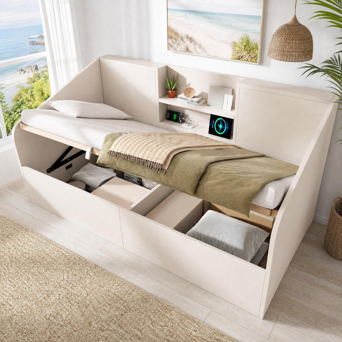 BETT 90/190 mit hydraulischem Stauraum, USB und Type-C in Weiß - Weiß, Holzwerkstoff/Metall (90/190cm) - EVRYAE