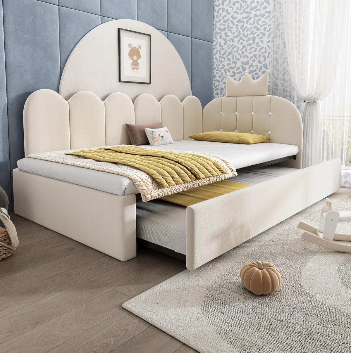 TAGESBETT aus Samt 90x200 cm Beige mit Ausziehbett 90x190 cm und Kronen-Gitterdesign - Beige, Textil (90/200cm) - IVMEU