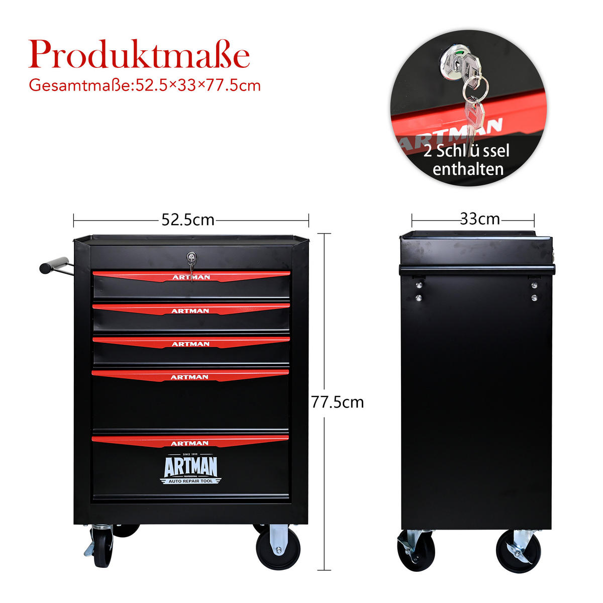 KOMBINATIONS-WERKZEUGSCHRANK – 5 Schubladen – 508 mm (20 Zoll) – Farbgebung: Schwarz und Rot - Multicolor, Metall (33/77.5/60cm) - DCA