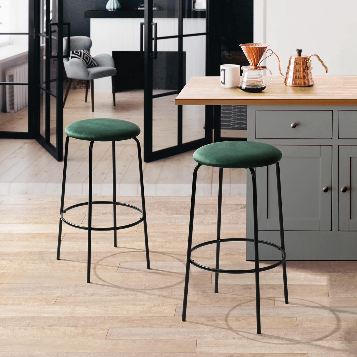 BARHOCKER 2er-Set Metallfüße, Samt, grün - Schwarz/Grün, Textil/Metall (36/73/37cm) - Urban Meuble