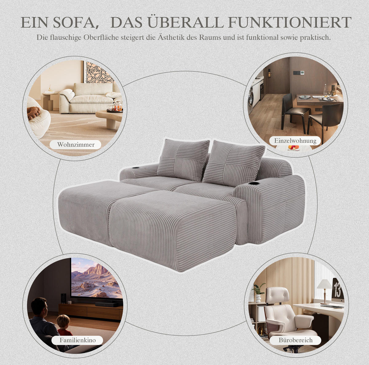 SOFA Modulares 200/174/80 cm in Hellgrau mit Cupholder und Seitentasche - Hellgrau, Textil (174/80/200cm) - Flora Grace