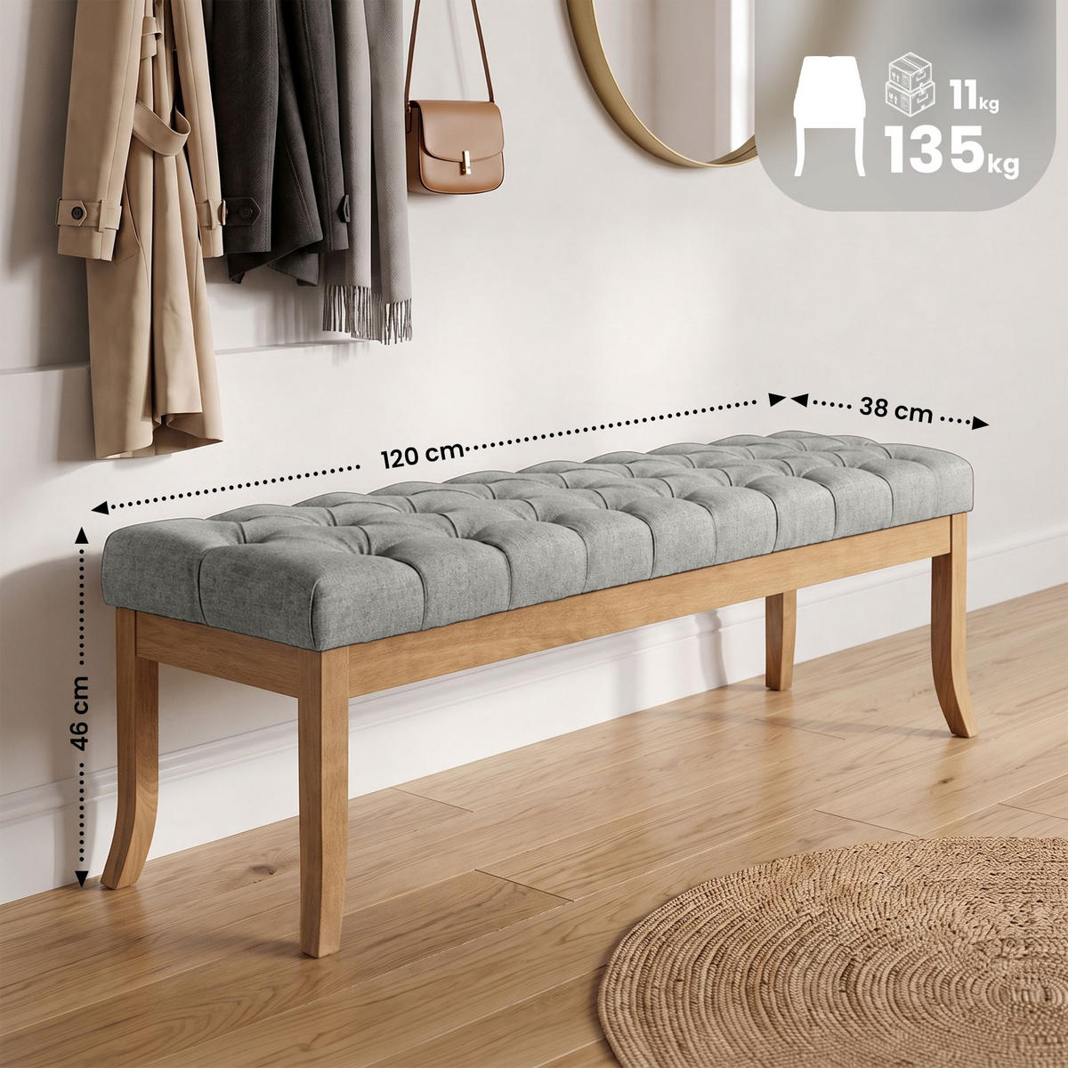 SITZBANK 120/38 cm Stoff grau - Naturfarben/Grau, Holz/Textil (120/46/38cm) - CLP