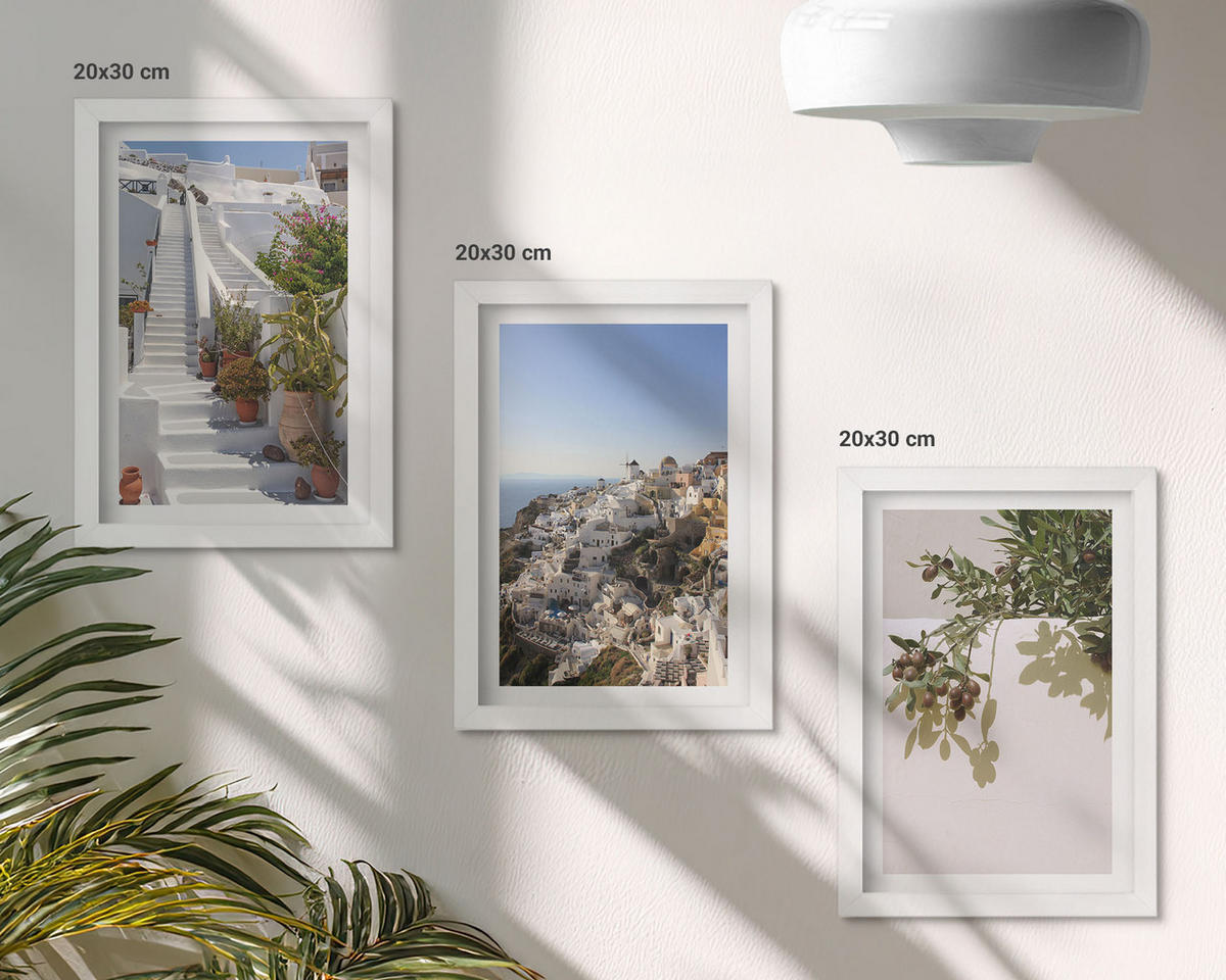 WANDBILDER 3er-Set - 20x30 cm Weißer Rahmen - Weiße Treppe mit Blick auf Santorini - Weiß, Kunststoff (20/30cm) - ArtPrintCave