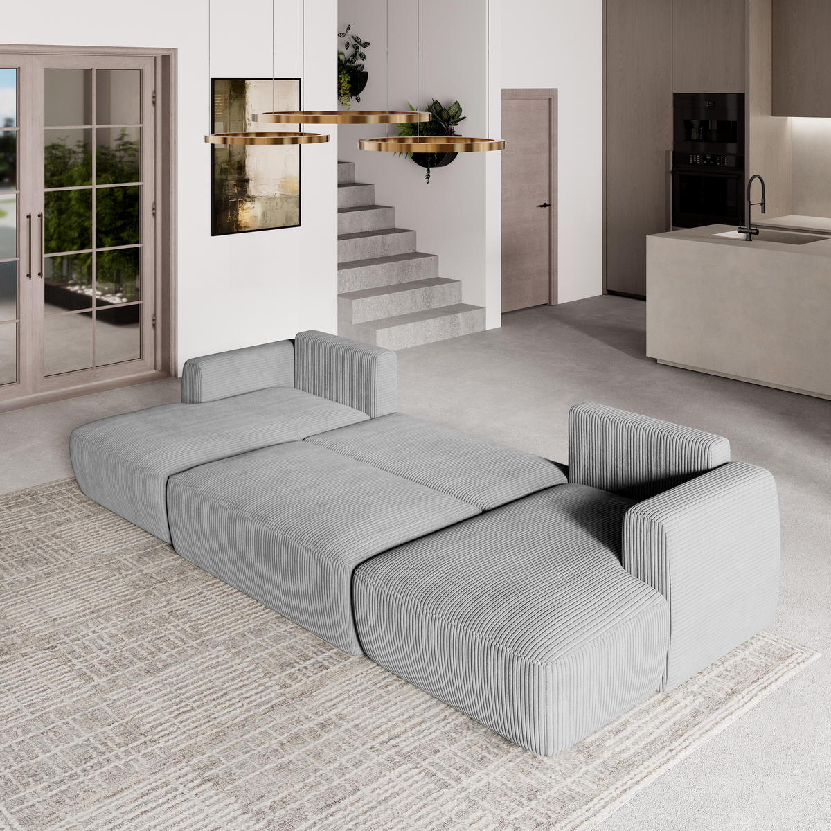 WOHNLANDSCHAFT SENTUM P Hellgrau Kordstoff mit Schlaffunktion - Hellgrau, Holz (330/90/148cm) - MASSENO