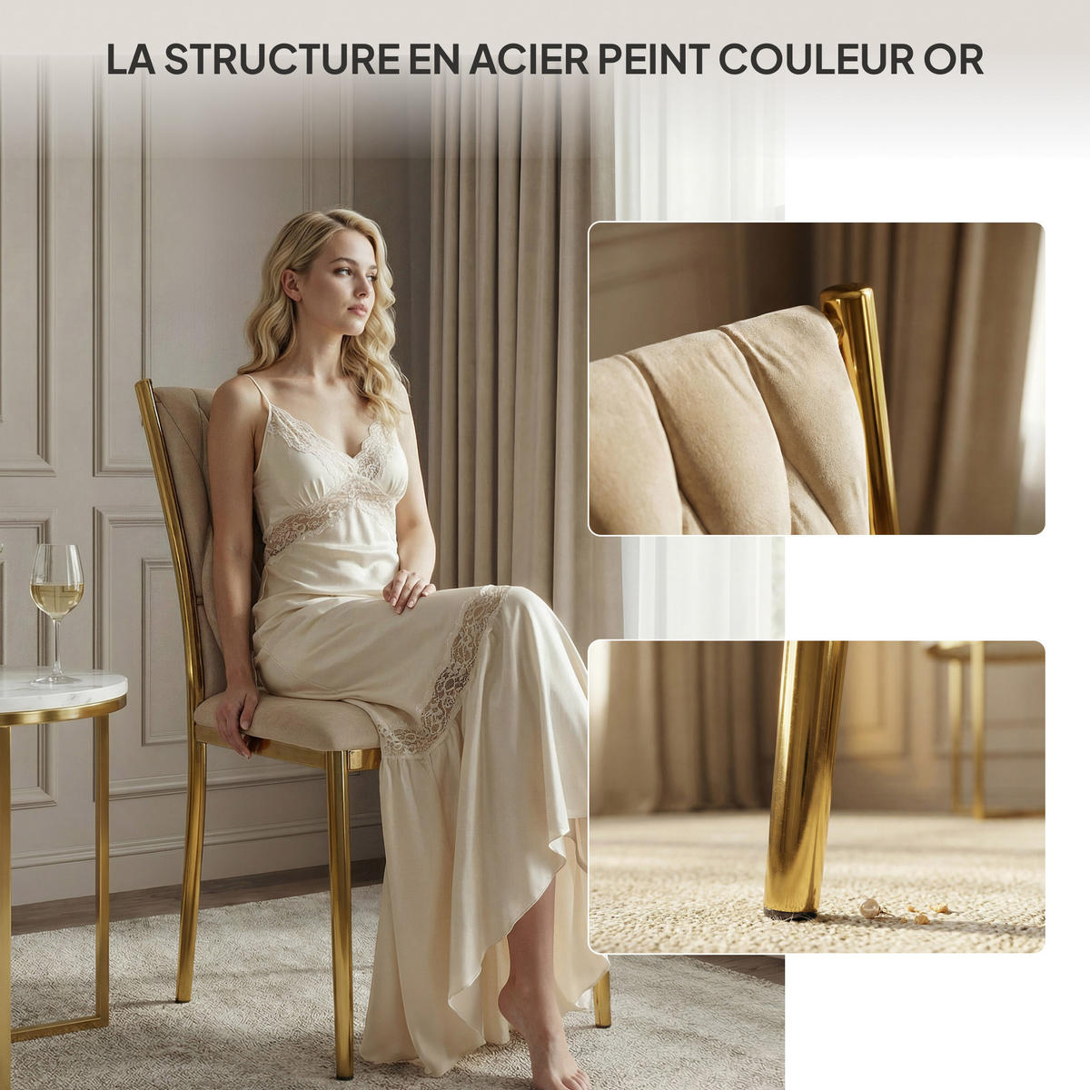 STUHL PRIMO mit geflochtener Rückenlehne, Samt Creme - Goldfarben/Creme, Textil/Metall (48/94/43cm) - Idohome