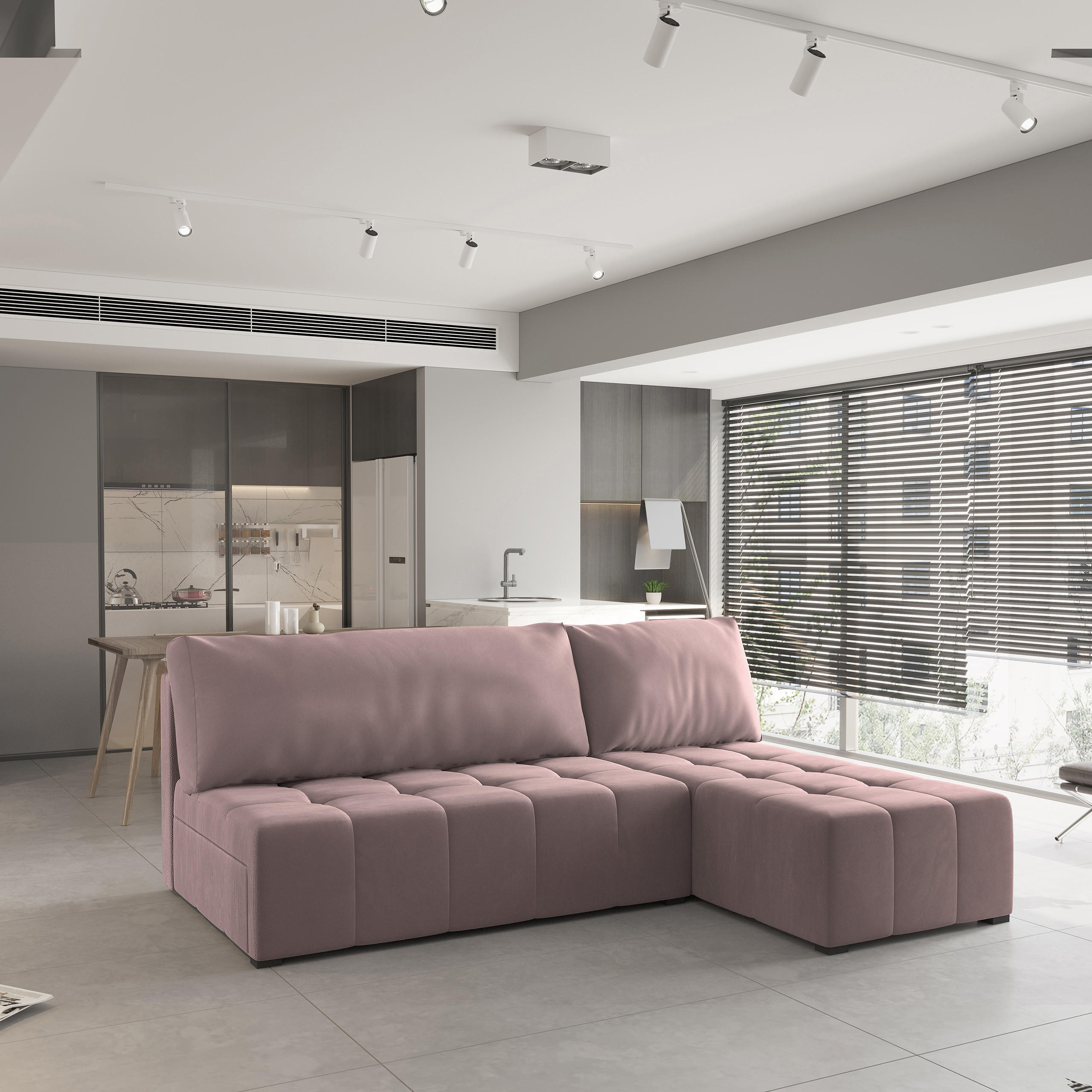 ECKSOFA DOMIRA Rosa Plüsch-Stoff mit Schlaffunktion - Rosa, Holz (200/141cm) - MASSENO