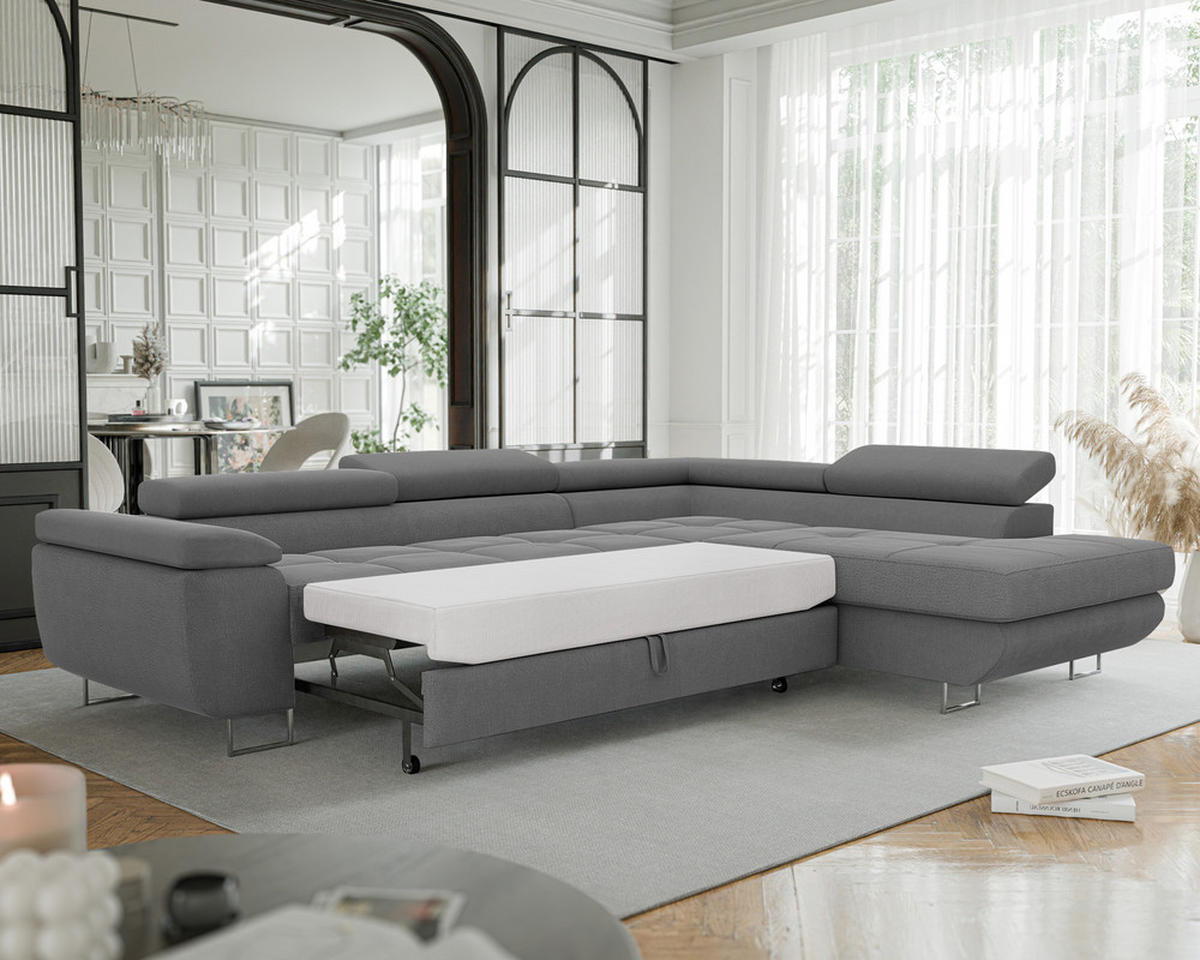 ECKSOFA ANTON rechts, mit Schlaffunktion und Bettkasten Dunkelgrau - Dunkelgrau, Holzwerkstoff/Kunststoff (274/203cm) - Idohome