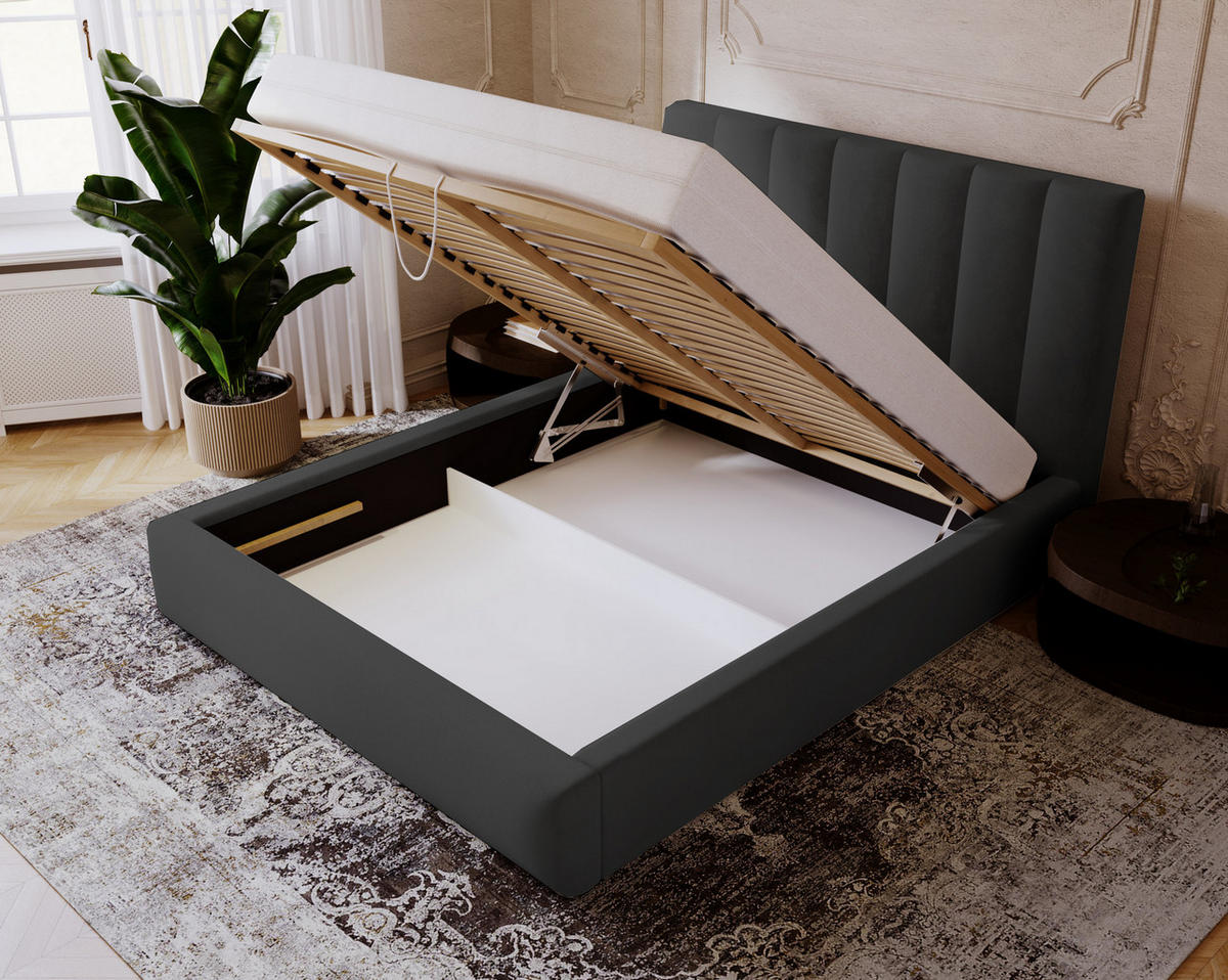 POLSTERBETT 180x200 cm Velor, Lattenrost, Bettkasten, Schwarz - Schwarz, Holz/Textil (180/200cm) - Emporius