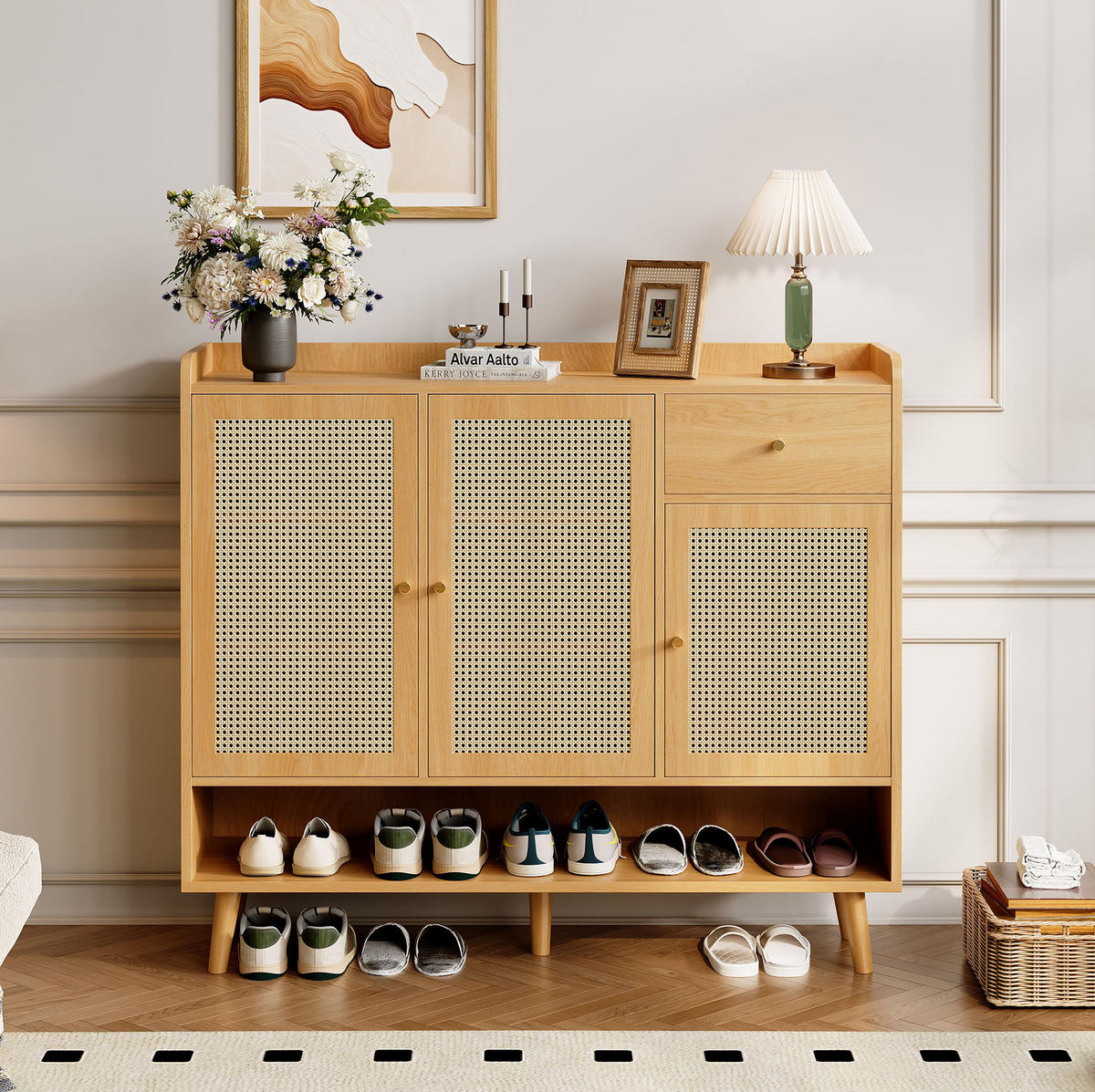 SCHUHSCHRANK aus Spanplatte 120x35x106cm in Natural mit 3 Türen & Schublade - Naturfarben, Holzwerkstoff (35/106/120cm) - Modfu