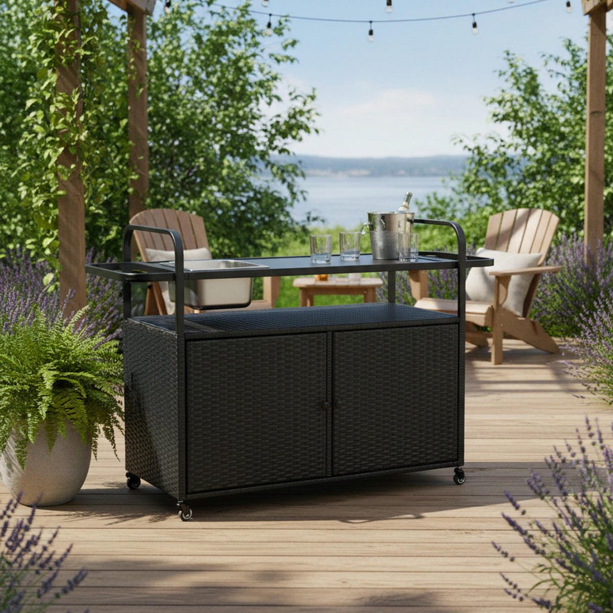 OUTDOOR-BARWAGEN 131 cm Schwarz Stahl & Rattan – Servierwagen mit Eisbehälter, Schrank & Lenkrollen - Schwarz, Metall (131/91/50cm) - Urban Meuble