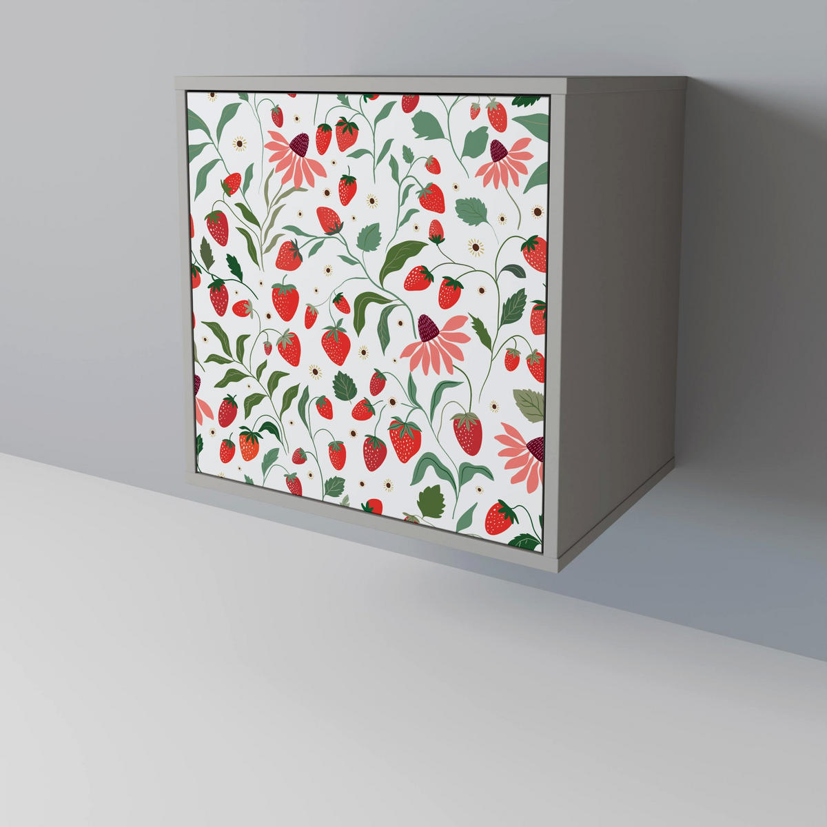 SIDEBOARD FLOWERS AND STRAWBERRIES, Grau, 57,5x42x75,5 cm, Goldfarbene Metallfüße - Goldfarben/Multicolor, Holzwerkstoff/Metall (57.5/75.5/42cm) - SpaceRebels