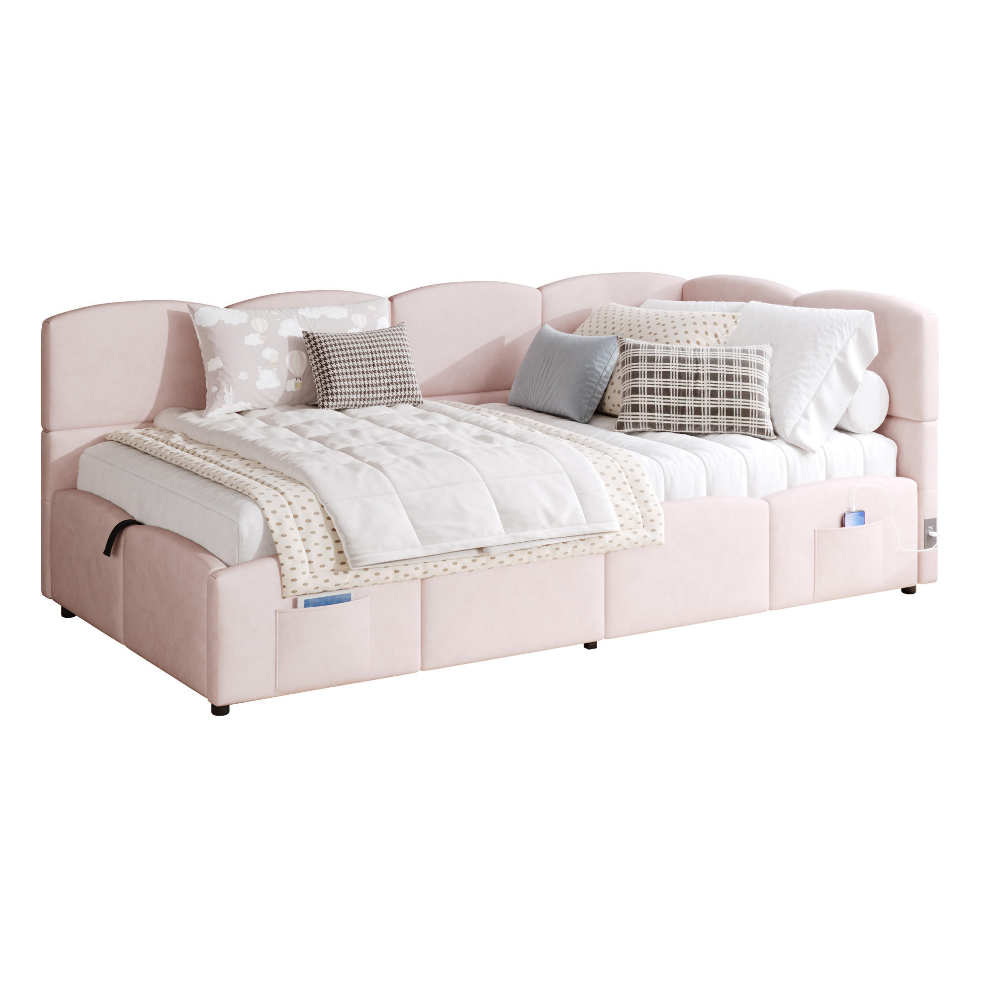 POLSTERBETT 90/200 cm aus Samt mit hydraulischem Stauraum und USB-Anschlüssen Rosa - Rosa, Textil (90/200cm) - Modenvie