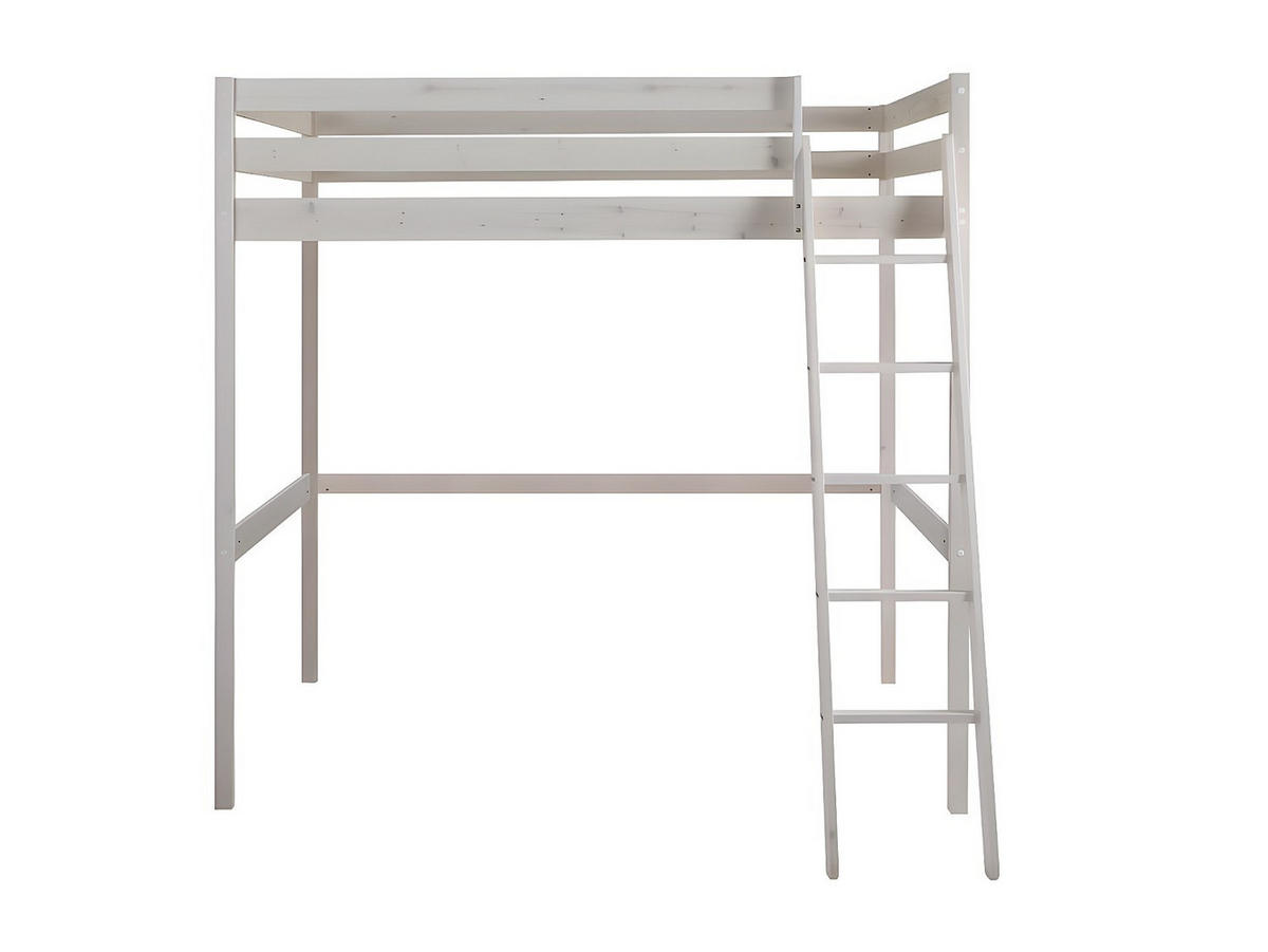 HOCHBETT + Matratze - 140 x 190 cm - Kiefer massiv - Geweißt - GEDEON II - Weiß, Holz (203.5/198cm) - Vente-Unique