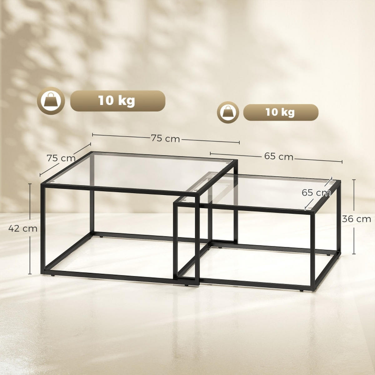 COUCHTISCH 2er-Set Runde Satztische mit Glasplatte DE-39930 Schwarz - Schwarz, Metall (75/75/42cm) - ComfortXL