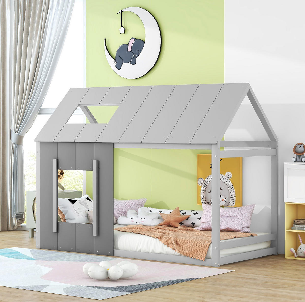 KINDERBETT 90/200 cm in Hausform mit Dach und Fenster aus Kiefern und MDF, Grau - Grau, Holzwerkstoff (90/200cm) - Redom