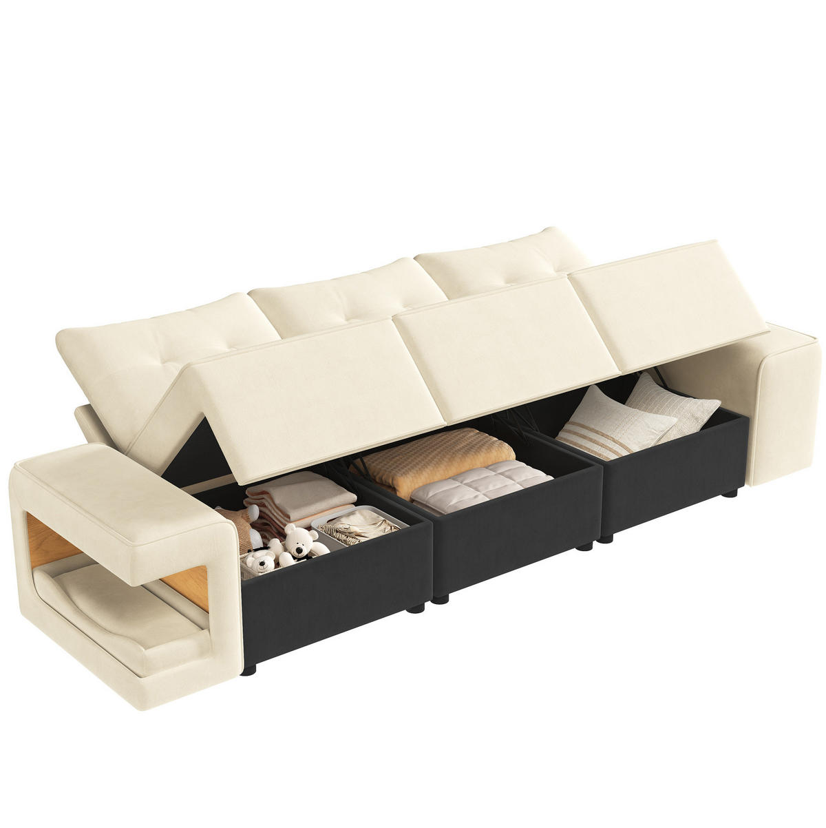 3-SITZER-SOFA aus Samt 229,5x78x84 cm Beige mit Stauraum und integrierten Haustiernischen - Beige, Textil (229.5/84/78cm) - Modfu