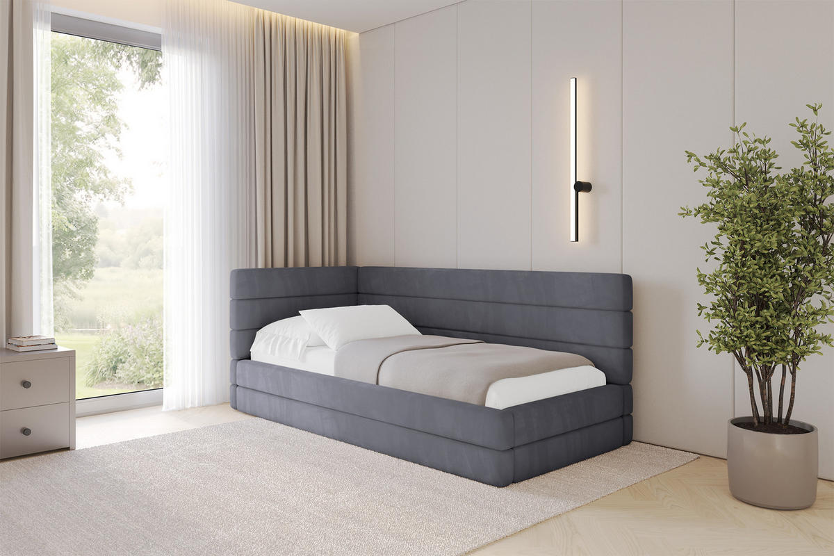 EINZELLBETT Jugendbett mit Bettkasten, Rechts - BEMY 90x200 Dunkelgrau - Titanfarben, Holzwerkstoff/Textil (90/200cm) - ALTDECOR