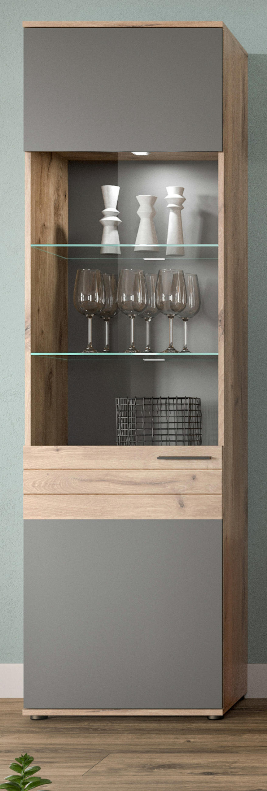 VITRINE Eiche, grau 57x200 cm mit Soft-Close, Wohn- und Esszimmer Vitrinenschrank - Eichefarben/Schwarz, Glas/Holzwerkstoff (57/200/37cm) - Inn.Furn