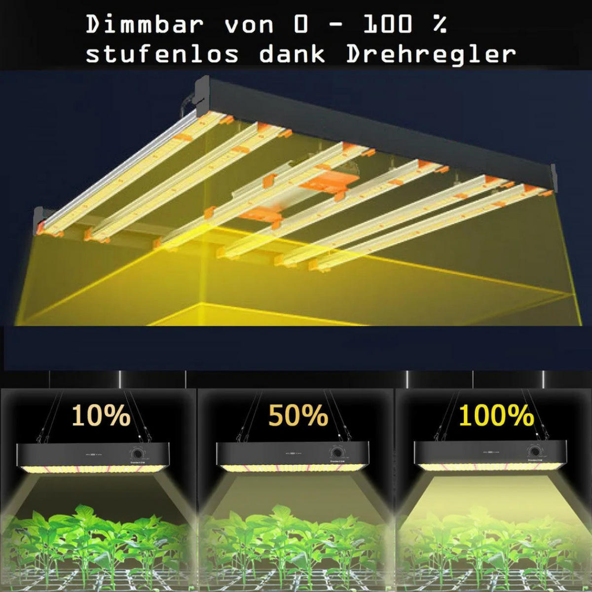 WACHSTUMSLAMPE PB360 Schwarz 360 W, Vollspektrum, dimmbar, LED Pflanzenlampe, Indoor Grow Light, Pflanzenbeleuchtung, Zimmerpflanzen, Gewächshaus - Goldfarben/Schwarz, Metall (30/10/30cm) - JUNG