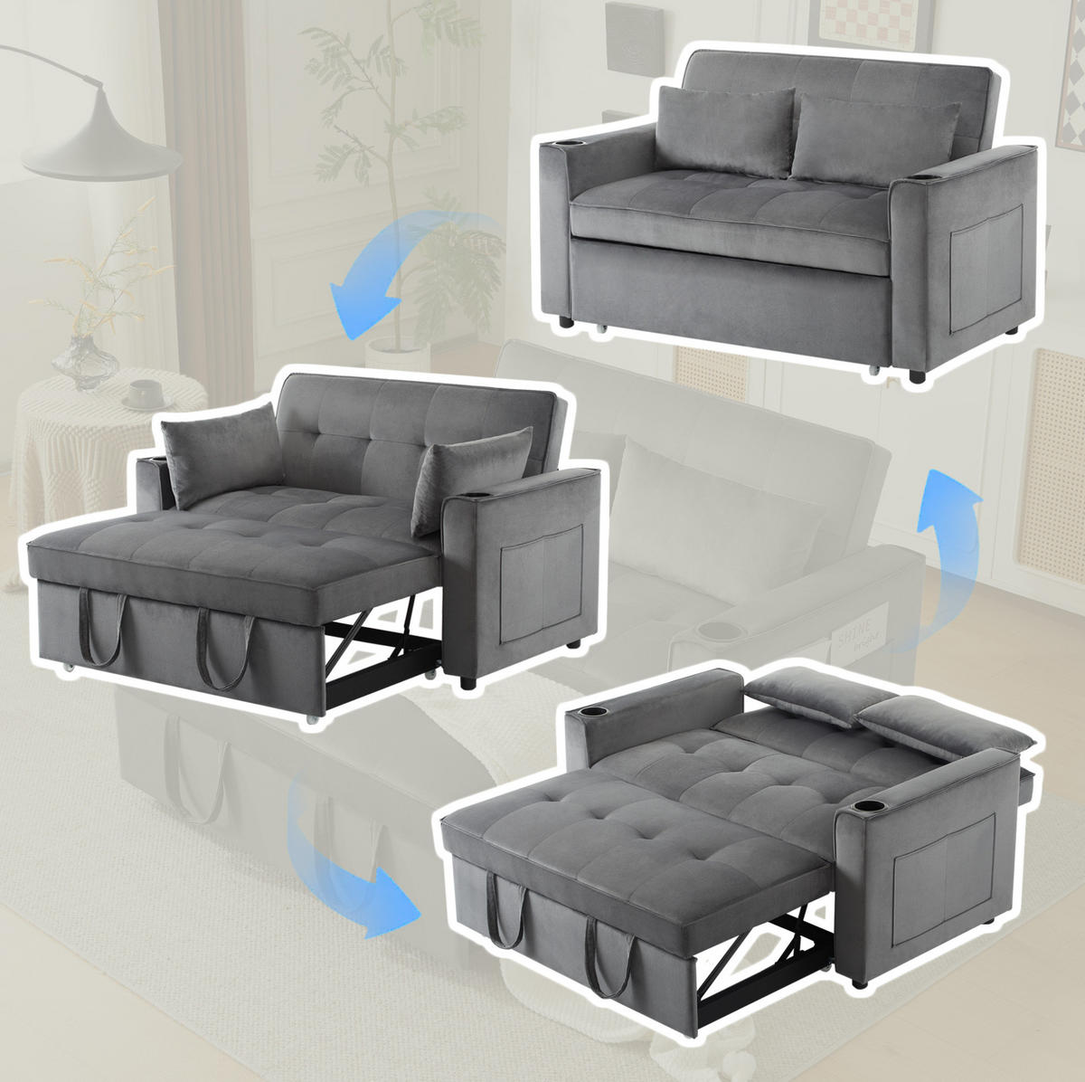 SCHLAFSOFA Samt mit Schlaffunktion und Getränkehaltern Grau 137/76,5/83 cm - Grau, Textil (83/137/76.5cm) - Redom