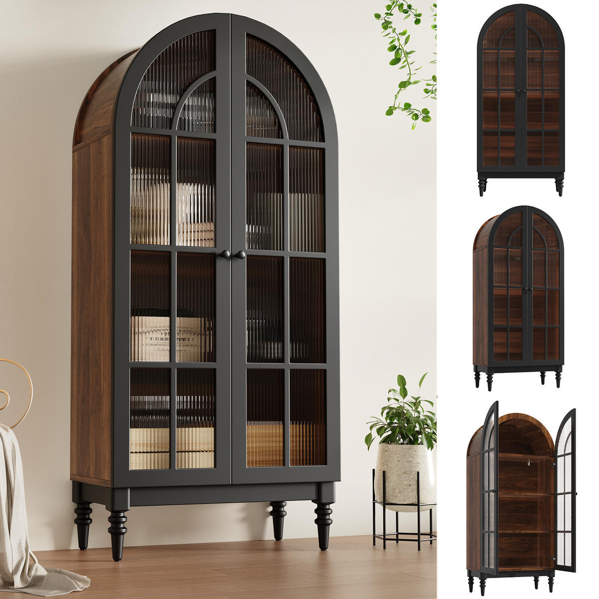 HOCHSCHRANK VITRINE Glastür Holzmaserung Bogen - Schwarz, Holzwerkstoff (76/165/35.5cm) - FLIEKS