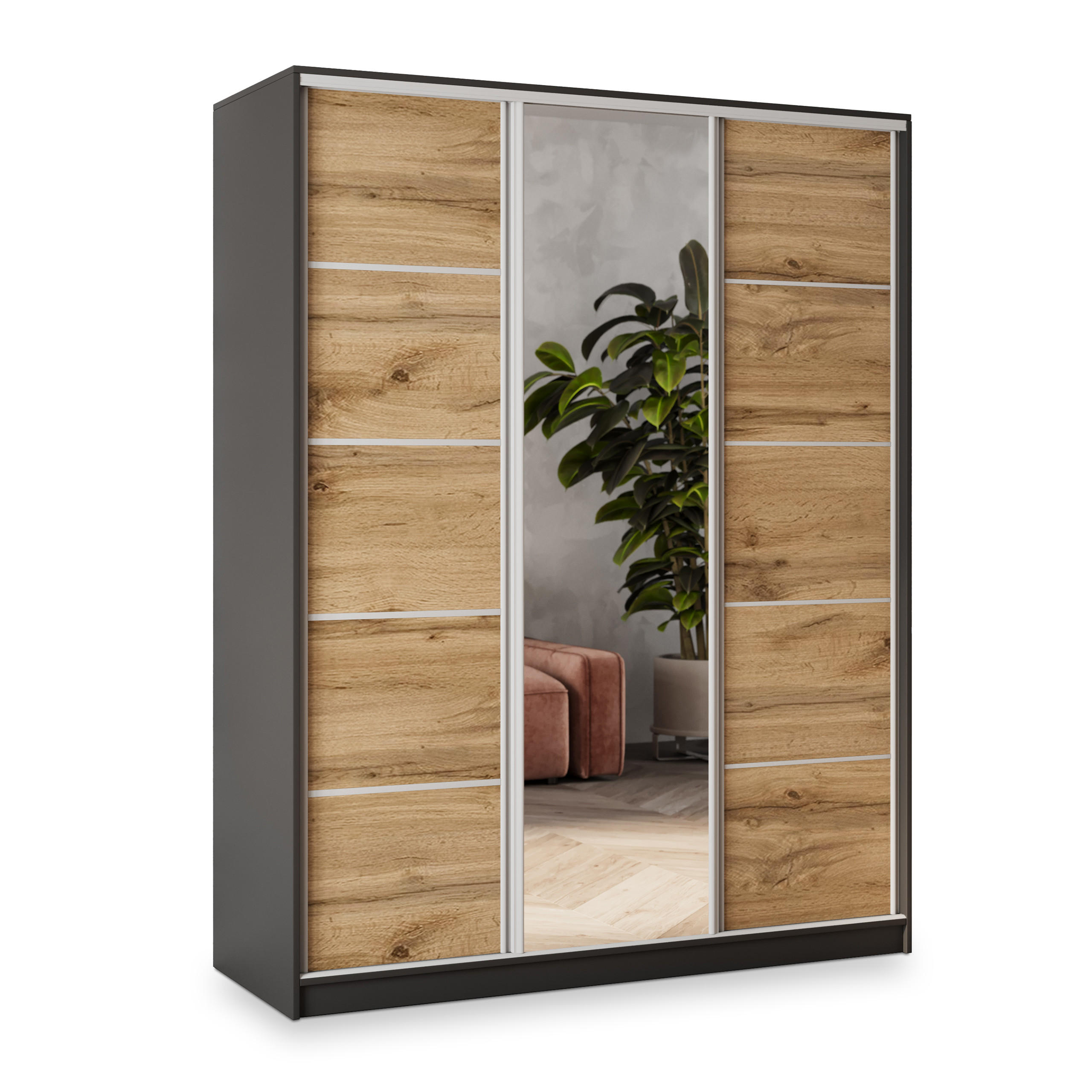 SCHWEBETÜRENSCHRANK NATA 160/205/58 cm 3-türig mit Spiegel und 4 Schubladen Schwarz - Eiche Wotan/Schwarz, Holzwerkstoff (160/205/58cm) - MASSENO