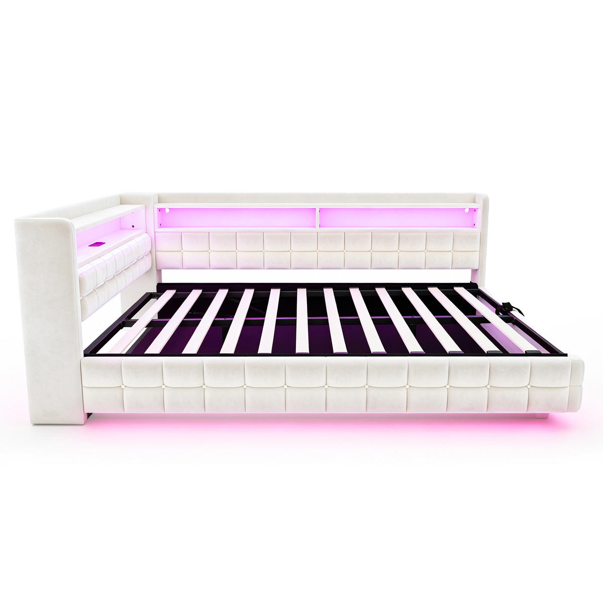 STAURAUMBETT 140/200 cm mit LED und hydraulischem Stauraum, DE-02134, in Beige - Beige, Holzwerkstoff (140/200cm) - ComfortXL