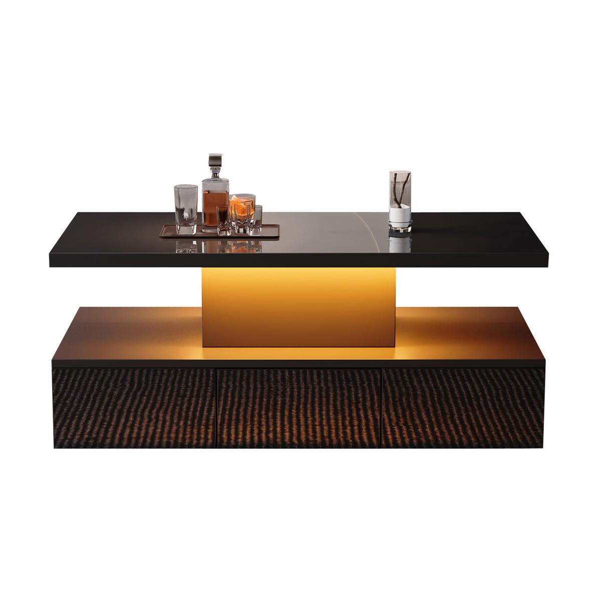 COUCHTISCH aus Spanplatte 100x50x39 cm Schwarz mit LED-Beleuchtung, Hochglanzfront, offenem Regal und 1 Schublade - Schwarz, Holzwerkstoff (100/50/39cm) - Modfu