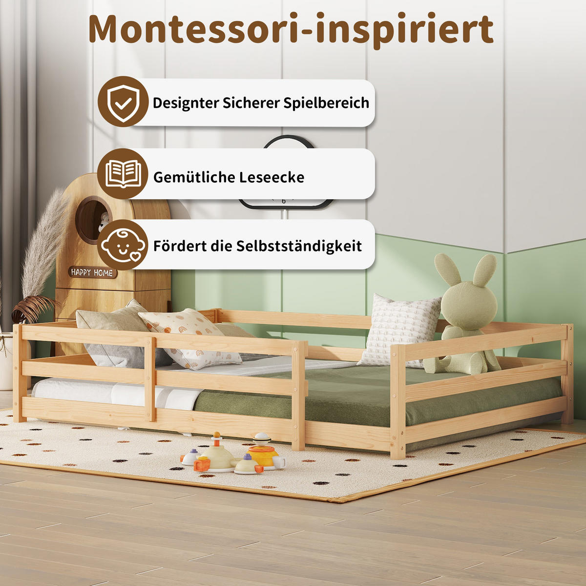 KINDERBETT 140/200 cm in Natur mit Lattenrost und Umrandung - Naturfarben, Holz/Holzwerkstoff (140/200cm) - WISHDOR