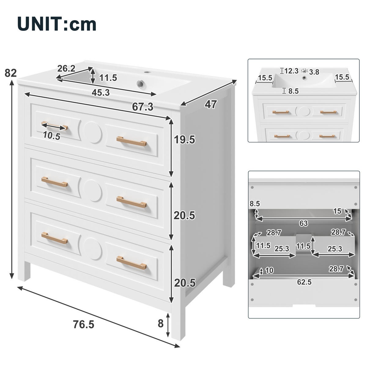WASCHTISCH MDF/Keramik 76,5x47x82 cm Weiß mit 3 Schubladen und integriertem Keramikbecken - Weiß, Keramik (76.5/82/47cm) - Modfu