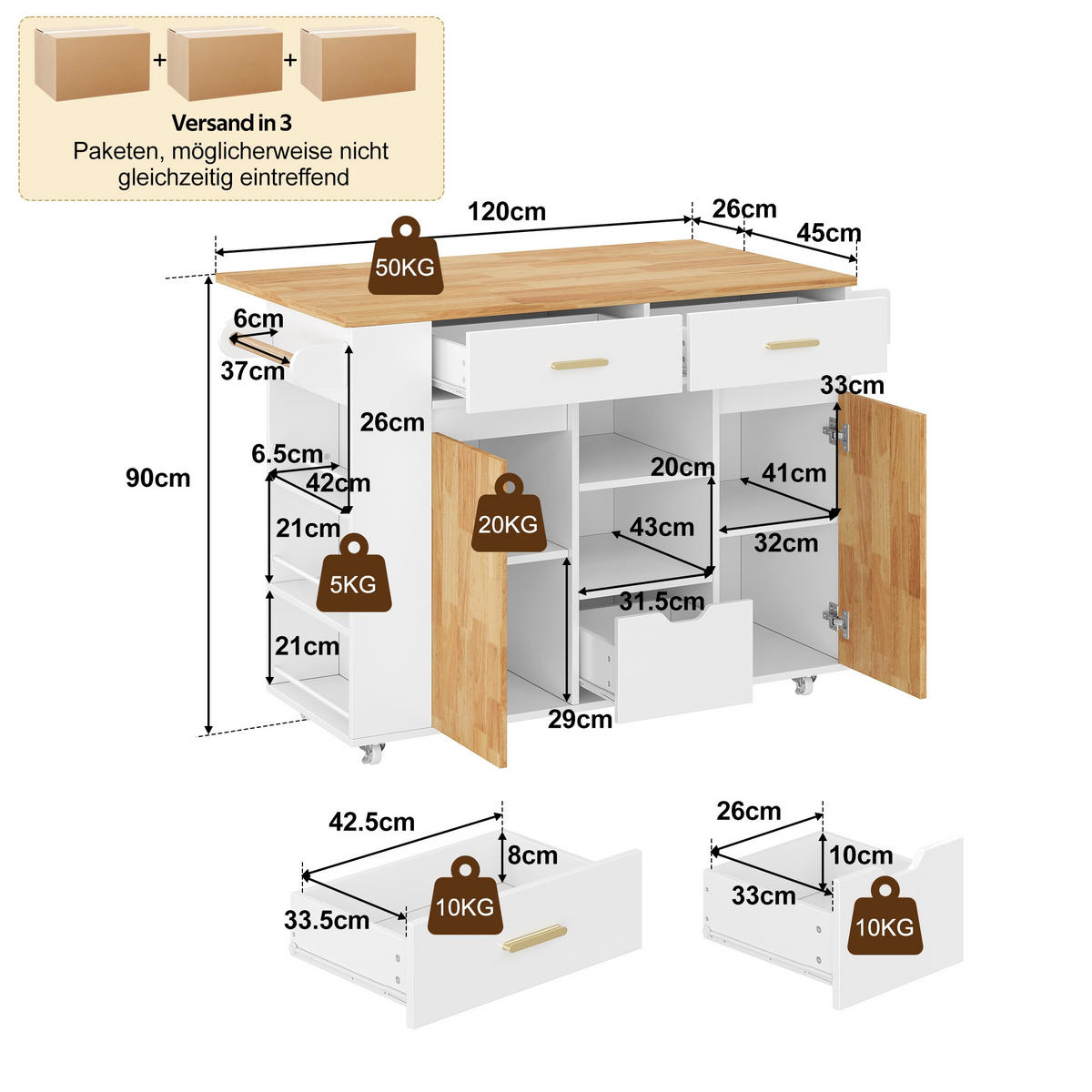 KÜCHENINSEL auf Rollen 120/71/90 cm Weiß mit klappbarer Arbeitsplatte, 2 Schubladen und 3-stufigem Gewürzregal - Weiß, Holz (71/90/120cm) - Oxeza