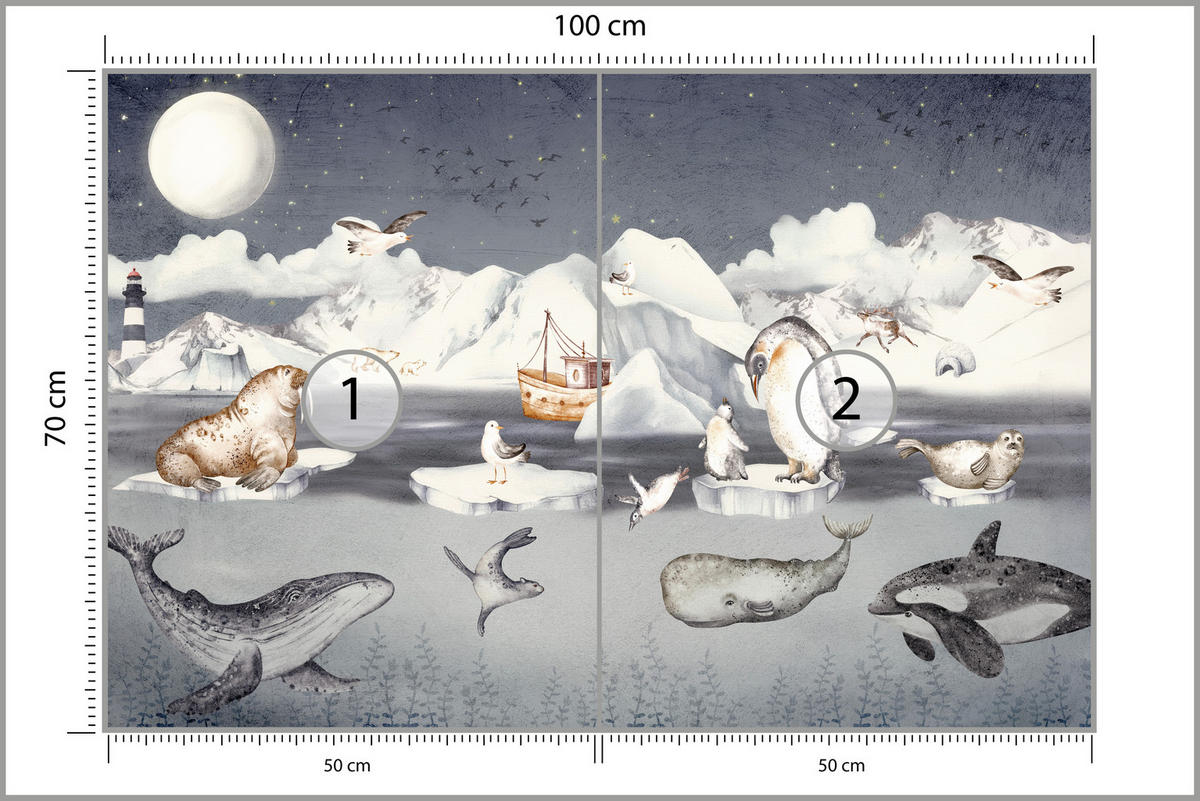 FOTOTAPETE für Kinderzimmer Arktische Tiere Pinguine Robben Mond Gebirge 100x70 - Orange/Weiß, Papier (100/70cm) - Muralo