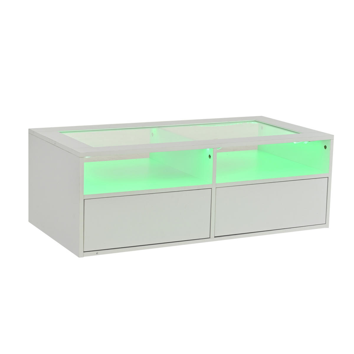 COUCHTISCH 100/50/35 cm Weiß aus Glas und Holzwerkstoff mit LED-Beleuchtung und 2 Schubladen - Weiß, Glas (100/50/35cm) - OKWISH