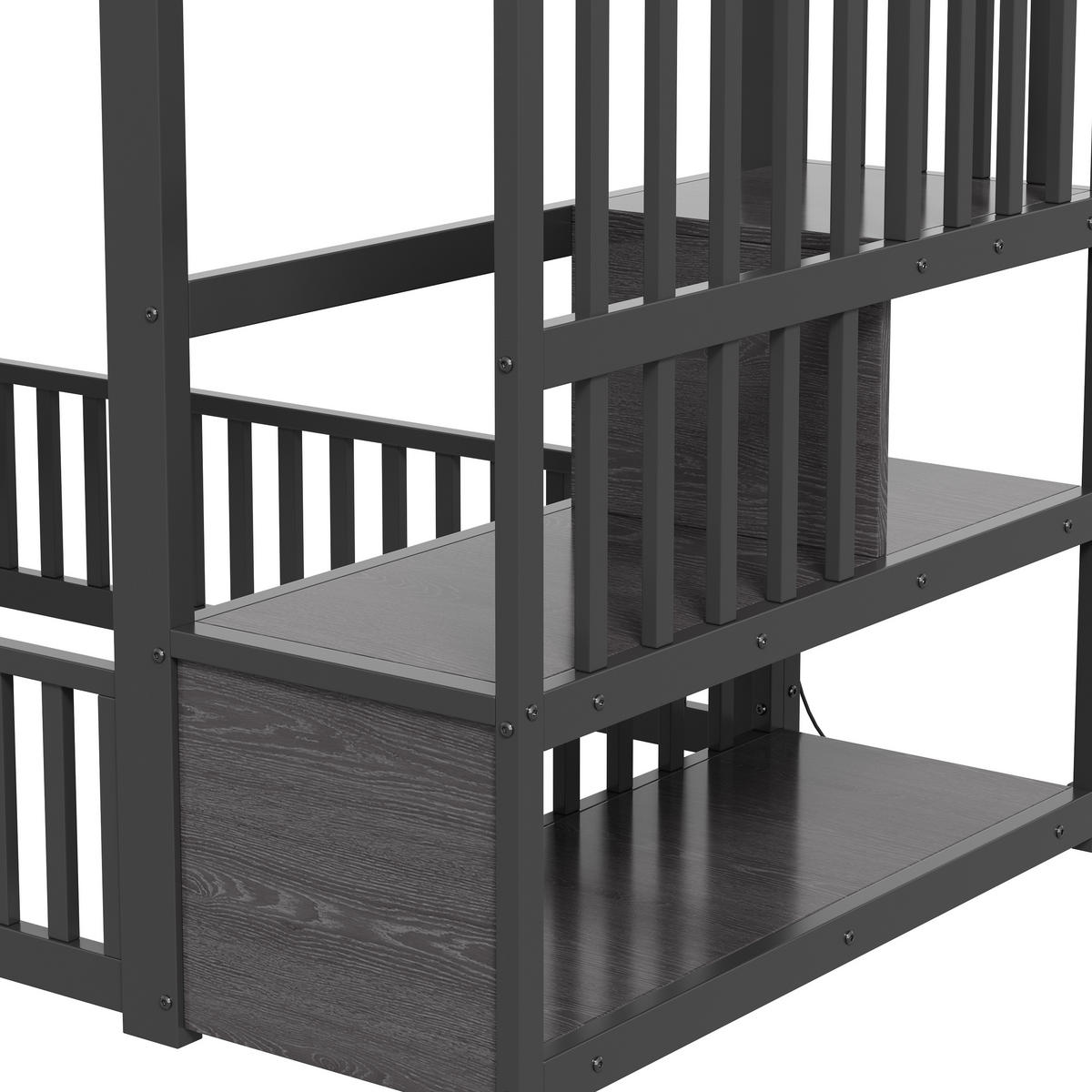 ETAGENBETT 90/200 cm Schwarz mit Stauraumleiter und LED - Schwarz, Metall (90/200cm) - Oxeza