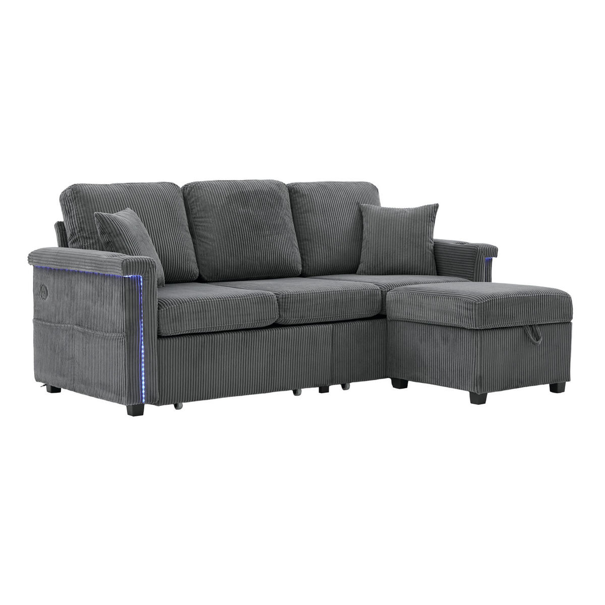 ECKSOFA 194/73/81 cm Dunkelgrau mit LED-Beleuchtung, Stauraum-Fußteil, 2 Schubladen, Getränkehaltern und Seitentaschen - Dunkelgrau, Textil (194/73cm) - Oxeza
