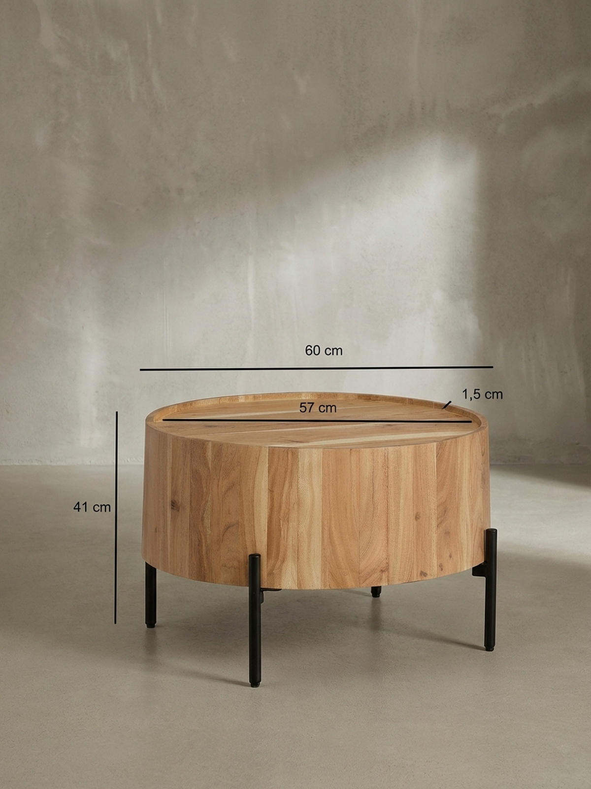 COUCHTISCH Akazie Massivholz Rund 60x60x41cm Metallgestell Braun/Schwarz - Schwarz/Akaziefarben, Holz/Metall (60/60/41cm) - KADIMA DESIGN