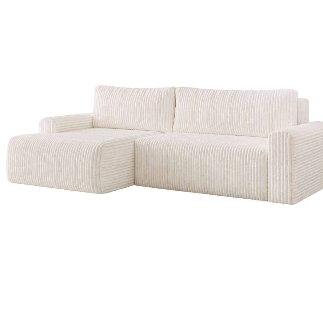 ECKSOFA MILO LARGE mit Schlaffunktion, Bettkasten und Cordbezug, Links - TILIA 01 (cremeweiß) - Creme, Holz (270/142cm) - Dekori_Interiors