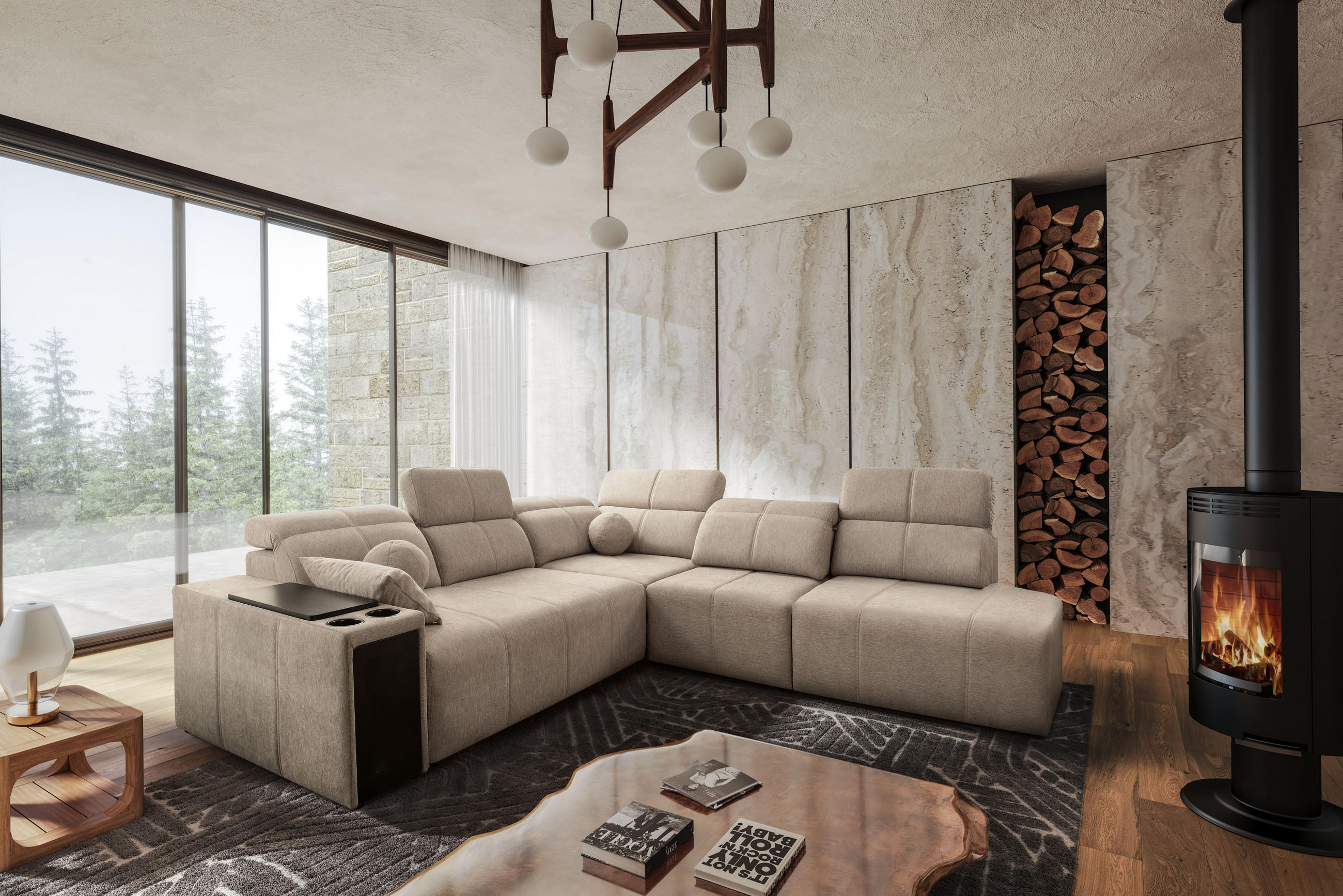 ECKSOFA Mindy IX Mit Schlaffunktion, Verstellbarer Rückenlehne Stoff Verita KaltesBeige Rechts - Creme, Holz (300/288cm) - Kaiser Möbel