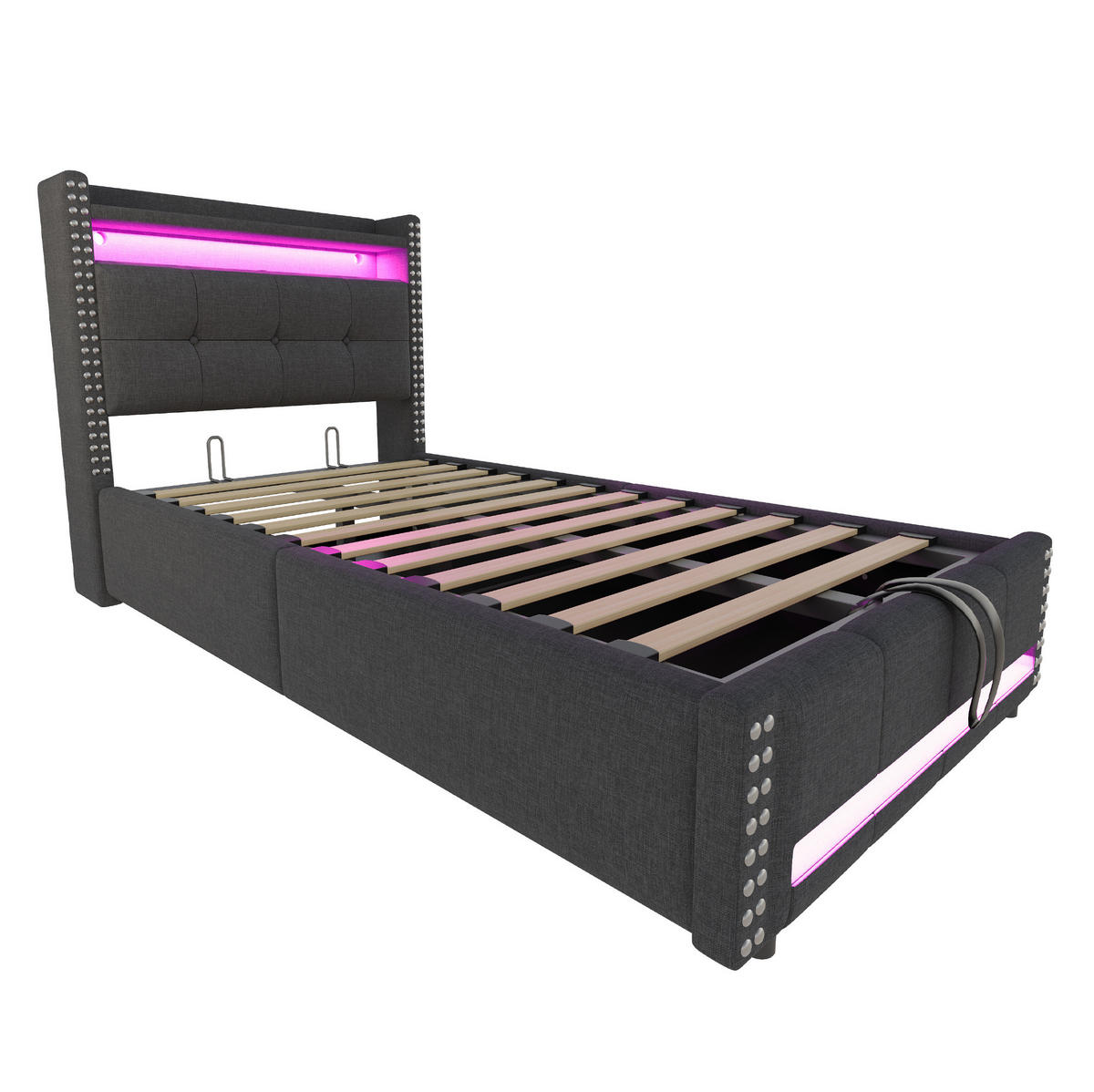 KINDERBETT 90/200 cm mit LED-Beleuchtung, USB-Anschluss, Bettkasten und Leinenbezug, Grau - Grau, Textil (90/200cm) - Redom