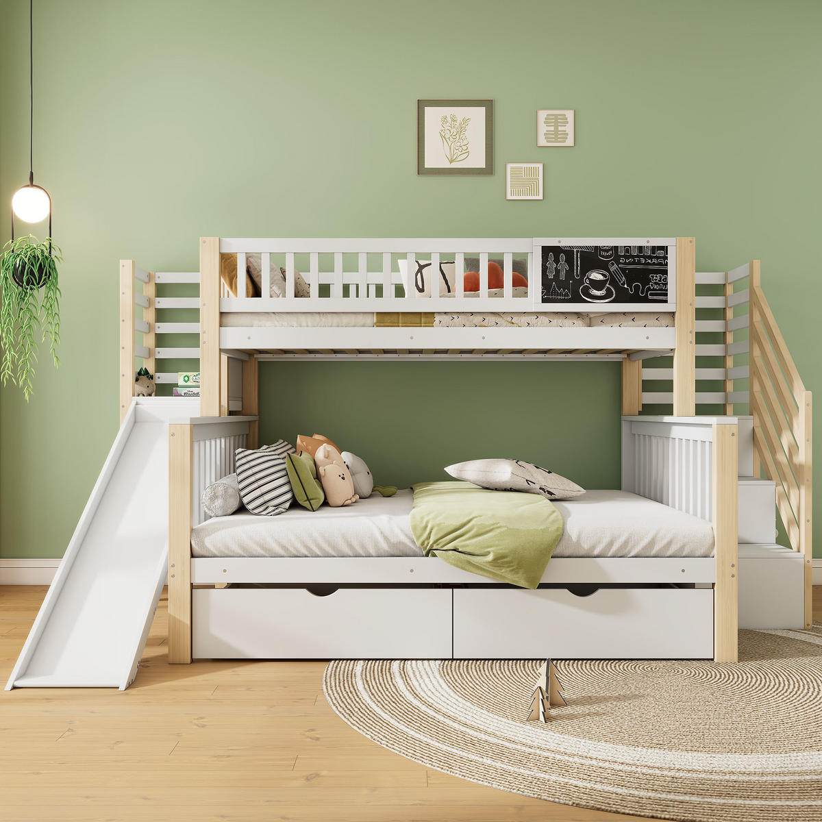 ETAGENBETT 90/200 cm & 140/200 cm in Weiß & Natur mit Rutsche, Tafel und Stauraum - Weiß, Holz/Holzwerkstoff (140/200cm) - CHICFURN