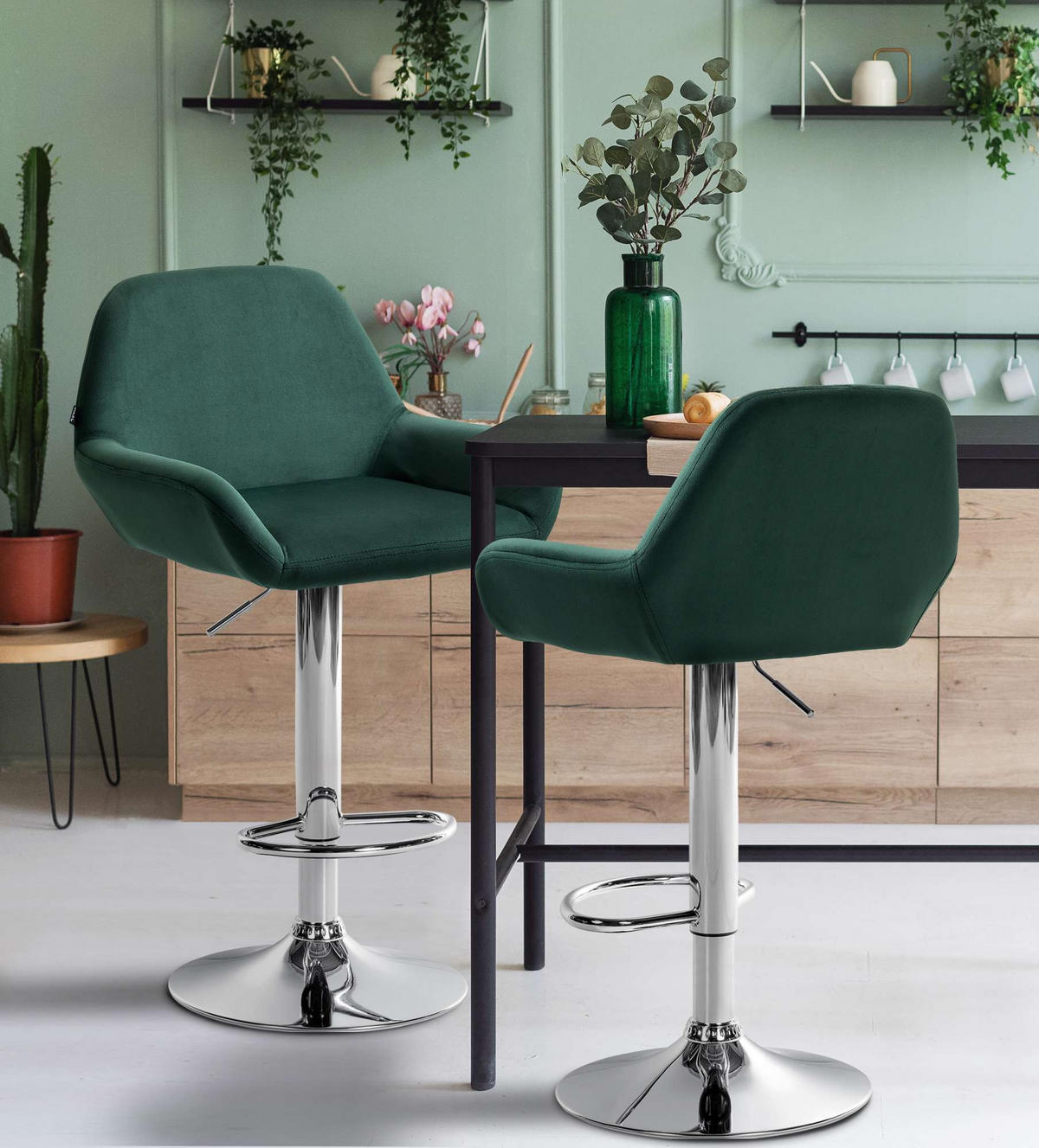 BARHOCKER Samt dunkelgrün - Chromfarben/Dunkelgrün, Textil/Metall (51/89/52cm) - CLP